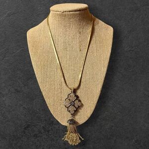 AVON Elegant Vintage Necklace Goldtone Micro Pave Crystal Tassel Pendant 16”